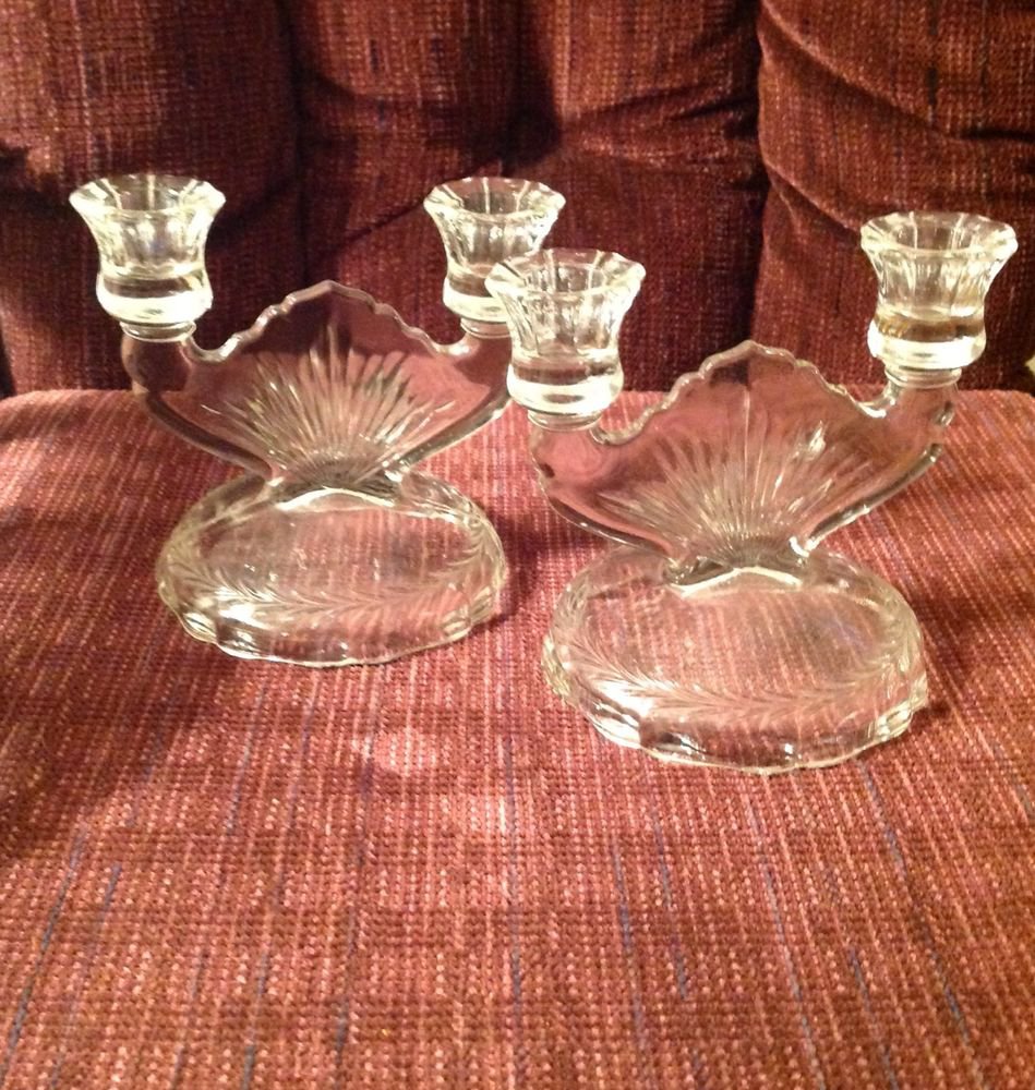Mid Century Vintage Retro Glass Clear Double Bowl Candle Holders
