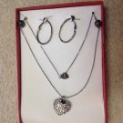 New in Box Silver Tone Crystal Rhinestone Heart Necklace & Hoop Pierced Earrings