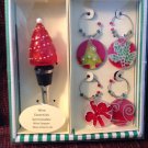 New Boxed Set Christmas Tree Glass Wine Bottle Stopper & 4 Wine Glass Charms
