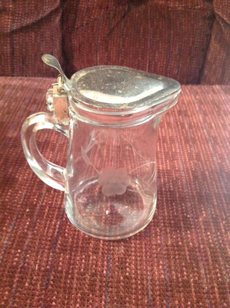 Vintage Kitchen Glass Clear Flower Etched Syrup Pitcher with Metal Lid