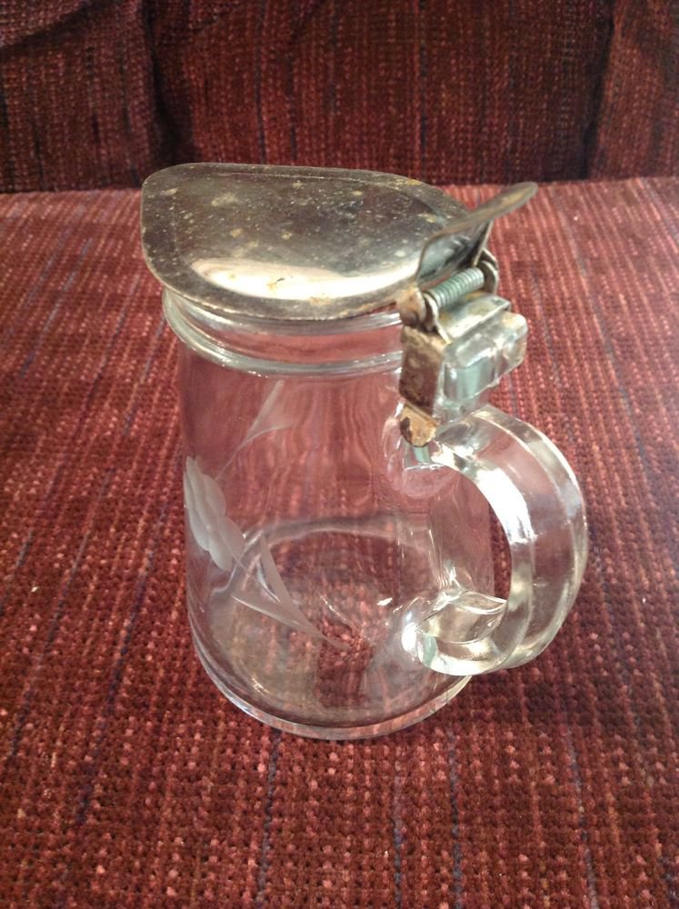 Vintage Kitchen Glass Clear Flower Etched Syrup Pitcher with Metal Lid