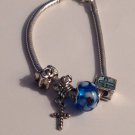 Bracelet Charm Religious Crucifix Jesus Blue Glass Bead Silver Tone Jewelry Bracelet Charm Religious Crucifix Jesus Blue Glass Bead Silver Tone Jewelry