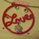 Necklace & Pierced Earrings New Boxed Set Red Enamel Rhinestone Circle Of Love