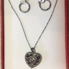 Ornate Heart Necklace & Hoop Silver Pierced Earrings Set Ornate Heart Necklace & Hoop Silver Pierced Earrings Set