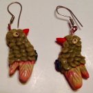 Pierced Earrings Tropical Green Bird Red Tail Dangling Vintage