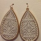 Pierced Earrings Dangling White Ornate Teardrops Retro 2.5"