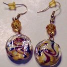 Pierced Earrings Art Glass Dangling Marbled White Brown Gold Pierced Earrings Art Glass Dangling Marbled White Brown Gold