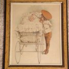 Antique Maude Humphrey Lithograph Print Framed Boy Looking Into Baby Carriage