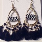 Pierced Earrings Dangling Gypsy Hoop Gold Black White Beads & Fringe