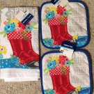 She Shed Tea Towel 2 Pot Holders Red Rubber Boots Flowers New Set of 3