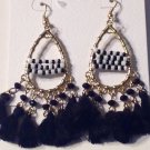 Pierced Earrings Dangling Gypsy Hoop Gold Black White Beads & Fringe Tribal