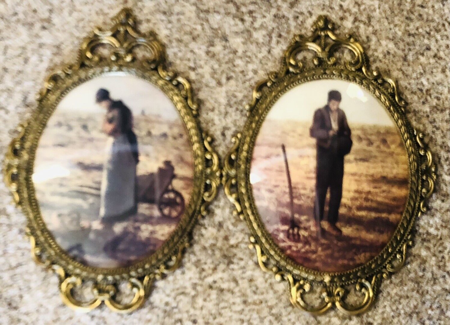 Italy Print Set Convex Oval Beveled Glass Ornate Metal Frame Man Woman Farmer