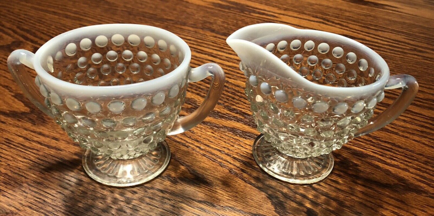 Moonstone Elegant Vintage Depression Glass Opalescent Hobnail Sugar And Creamer