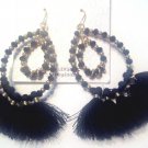 Pierced Earrings Dangling Black Bead Tribal Ethnic Fringed Hoops New