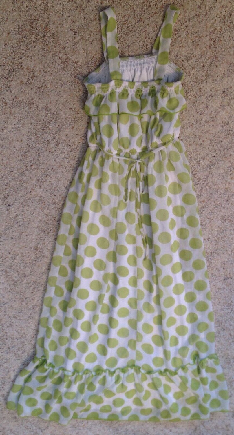 Girls Size 66X Ankle Length Sun Dress White Green Polka Dot Pattern
