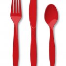 24 Piece Classic Red Premium Plastic Forks, Spoons, Knives Cutlery  - 8 ea