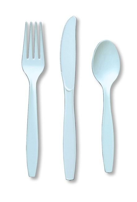 24 Piece Light Blue Premium Plastic Forks, Spoons, Knives Cutlery  - 8 ea