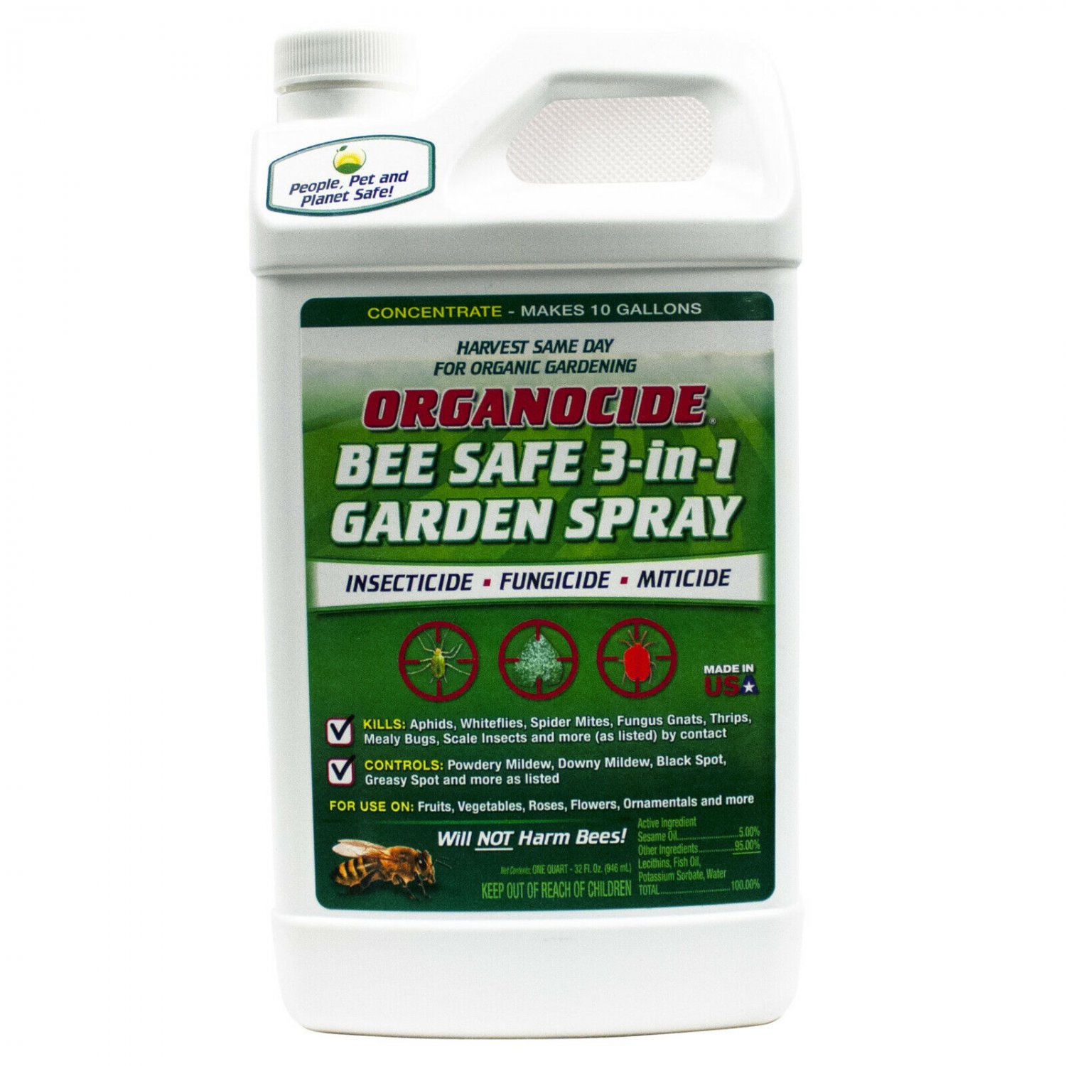 Organocide Bee Safe 3In1 Garden Spray ( 1 QT ) Insecticide Fungicide