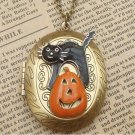 Steampunk Pumpkin and Cat Locket Necklace Vintage Style Original Design