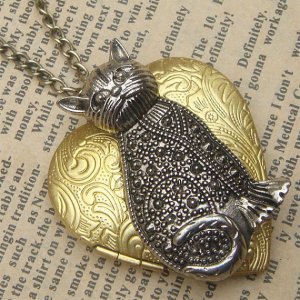 Steampunk Cat Locket Necklace Vintage Style Original Design