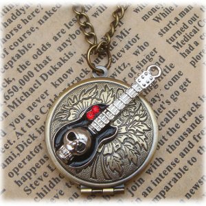 Steampunk Skull Guitar Locket Necklace Vintage Style Original Design