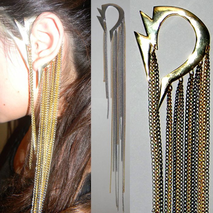 GOLD LIGHTNING BOLT EAR CUFF EAR WRAP LONG MULTI COLORED DANGLE CHAINS