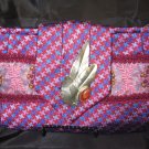 Pink and Burgendy  CottonTie Purse with silver antique broach and stone