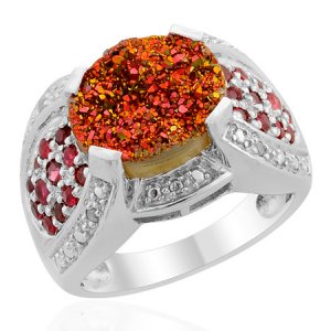 Pink Drusy Quartz (Ovl 3.60 Ct), Spinel, Diamond Ring in Sterling Silver (Size 7) Retail $329