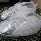 Baby Girl White & Silver Lace Shoes with Rose Pedals - Size 6-9 mo