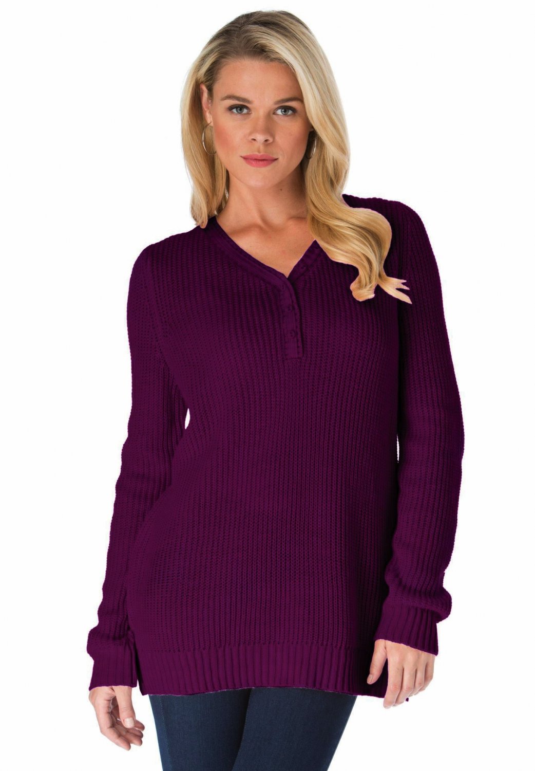 Roaman's 4X Boysenberry Henley Long Sleeve Shaker Knit Sweater-New