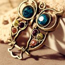 Multi-Color Rhinestones Night Owl Pendant Necklace/Long Sweater Chain for Lady