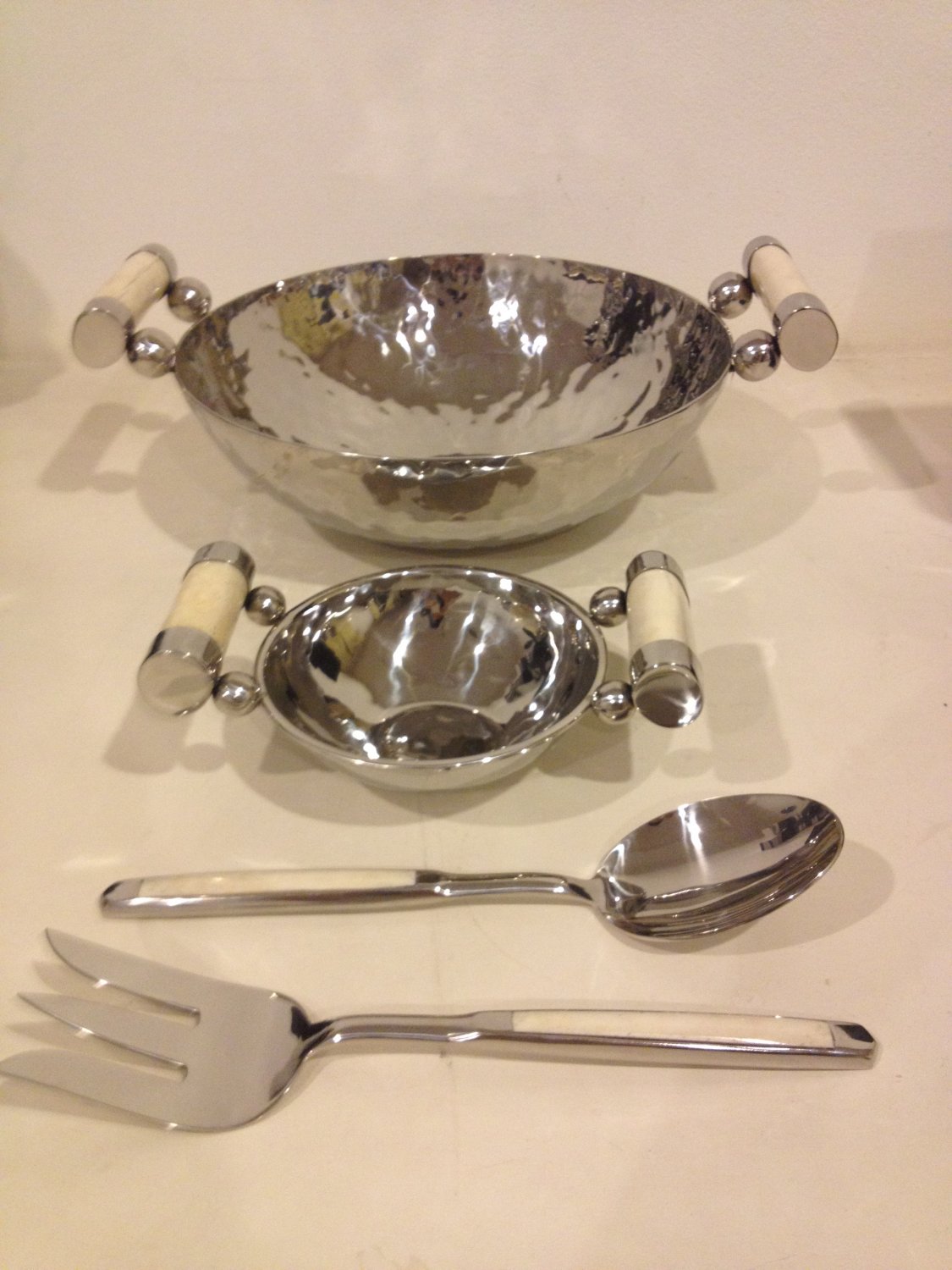 Stainless steel 2 sizes salad bowl set with spoon and fork server
