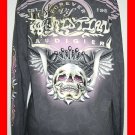 Christian Audigier Platinum Collection Ed Hardy Gray Long Sleeve Tee Skull Wing with Rhinestones (M)