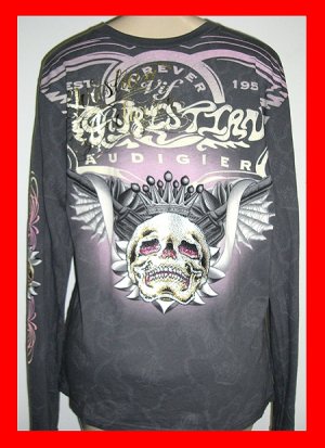 Christian Audigier Platinum Collection Ed Hardy Gray Long Sleeve Tee Skull Wing with Rhinestones (M)