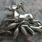 Antique Silver Metal Leaping Stag Deer over Fir Cone Hunter's Clasp Brooch