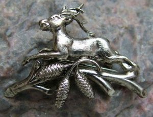 Antique Silver Metal Leaping Stag Deer over Fir Cone Hunter's Clasp Brooch