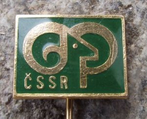 Czechoslovakia CSSR Hunting Pin Featuring Curly Horned Mountain Deer or Goat