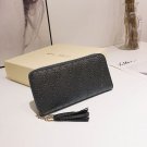 Quilted Long Zipper Wallet with Tassel Black
