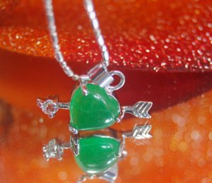 Solid 18K Gold Clad Simulated Jade Cupid Heart Necklace