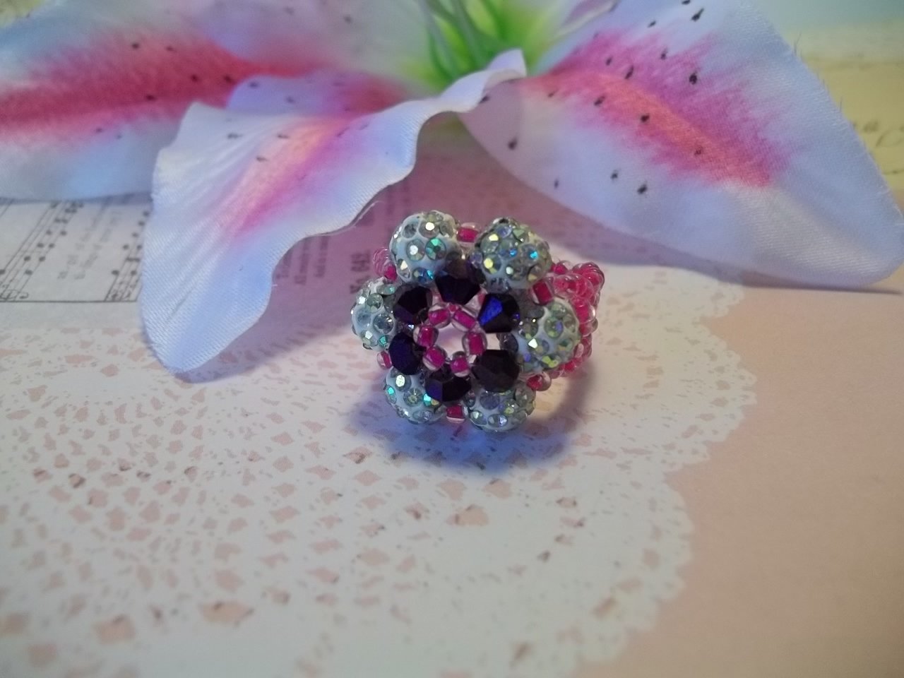Shamballa / Disco Ball Flower Beaded Ring Size 6-7