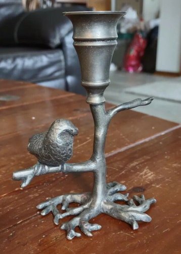 Vintage Silver-Tone Pewter Bird On A Limb Candlestick