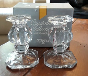 GORHAM Pair of Full Lead Crystal 4" tall Candle Stick Holders In Box