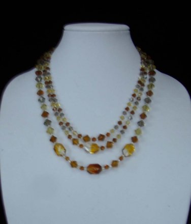Three Strand  Tri-Color Amber Glass Crystal Necklace