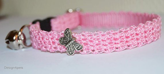 Butterfly- Unique handmade crochet Cat collar - pink breakaway adjustable safety cat collar