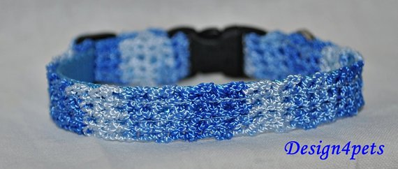 Shadow- Unique handmade blue crochet Cat collar - breakaway adjustable safety cat collar
