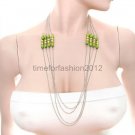 FASHION NECKLACE, EARRING SET SUPER CHIC SEXY MULTI CHAIN DRAPE WITH GREEN BEADS GEMS