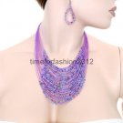 FASHION NECKLACE, EARRING SET SUPER CHIC AND SEXY MULTI BEAD PURPLE DRAPING STRANDS