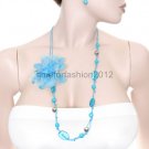 FASHION NECKLACE, EARRING SET SUPER CHIC AND SEXY CHAIN LOW DRAPE BLUE BEADS AND FLOWER
