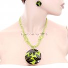 FASHION NECKLACE, EARRING SET SUPER CHIC AND SEXY LOW HANGING GREEN BEADS WITH FLORAL LARGE PENDANT