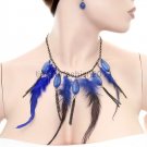 FASHION NECKLACE, EARRING SET SUPER CHIC AND SEXY BLACK CHAIN WITH BLUE FEATHERS DRAPING